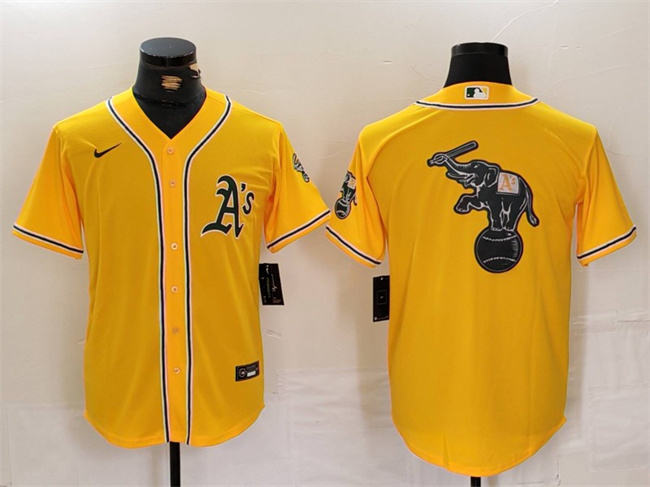 Men's Oakland Athletics Yellow Team Big Logo Cool Base Stitched Baseball Jersey